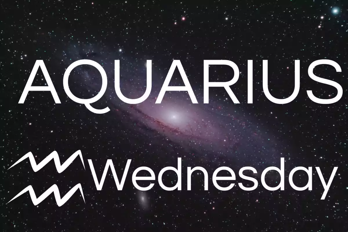 Galaxy background with the word Aquarius, the Aquarius symbol, and the word Wednesday