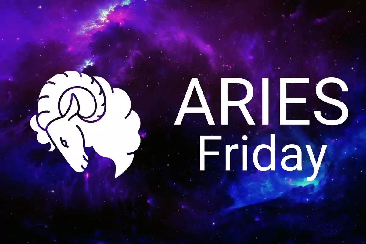 Galaxy background in purple tones with the Aries symbol and the words Aries Friday in large white letters