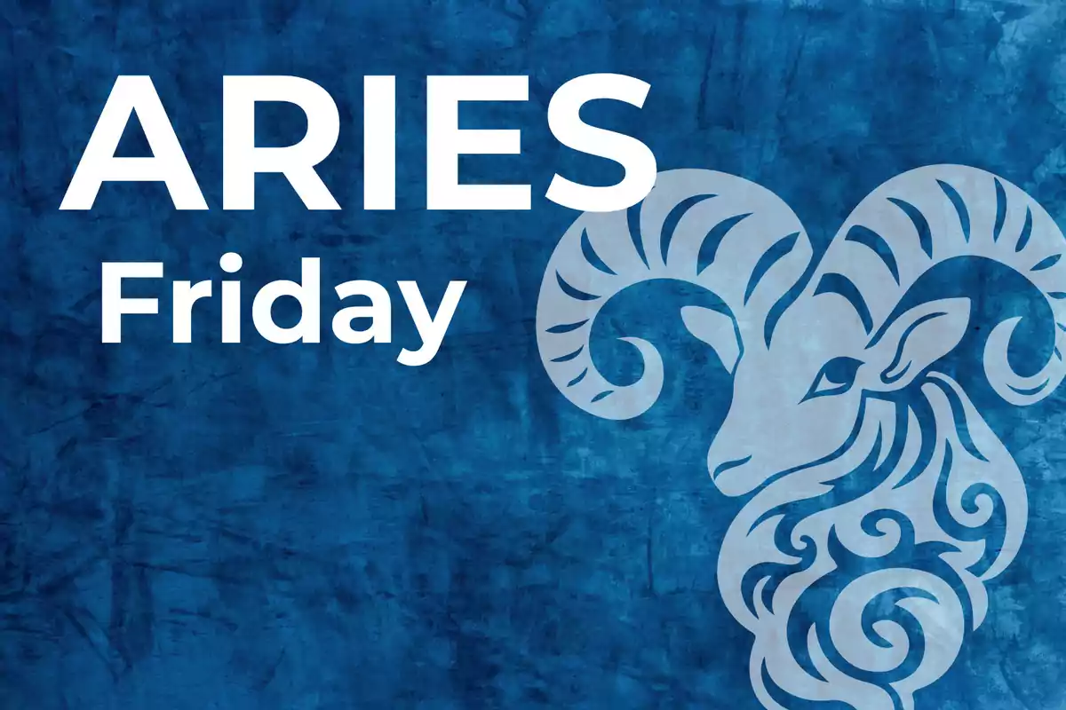 Blue background with the word Aries and Friday next to the illustration of a stylized ram