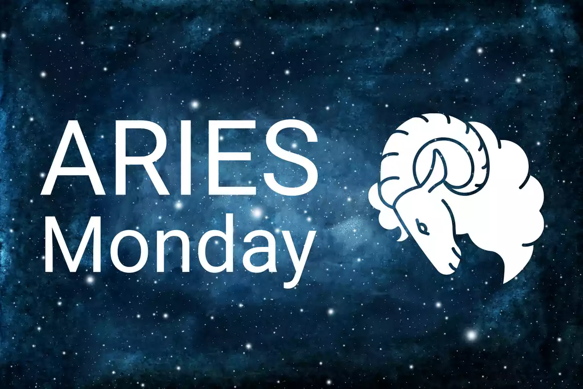 Starry background with the word Aries, Monday, and the silhouette of a white ram
