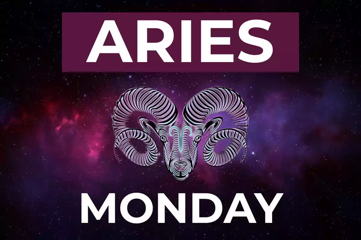Image with the text "Aries Monday" and an illustration of a ram's head on a galaxy background.