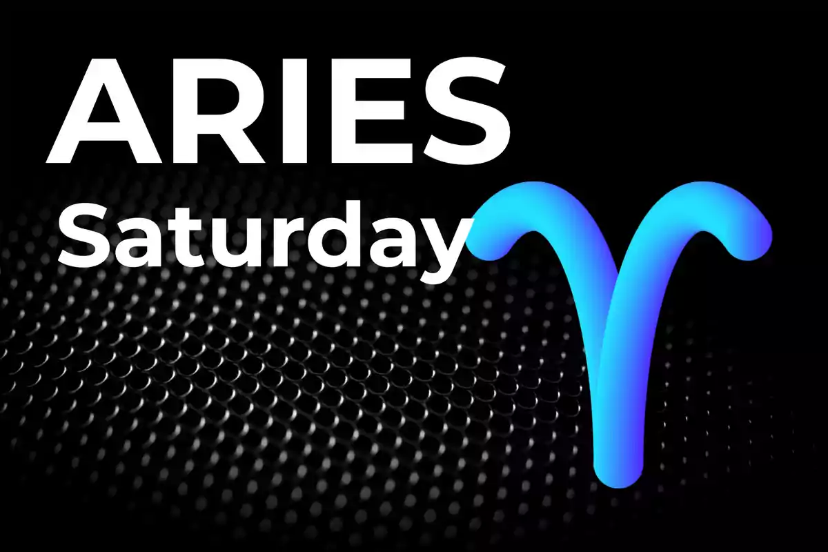 Image with the word Aries, the day Saturday, and the Aries zodiac sign symbol in blue on a black background with a dotted pattern.