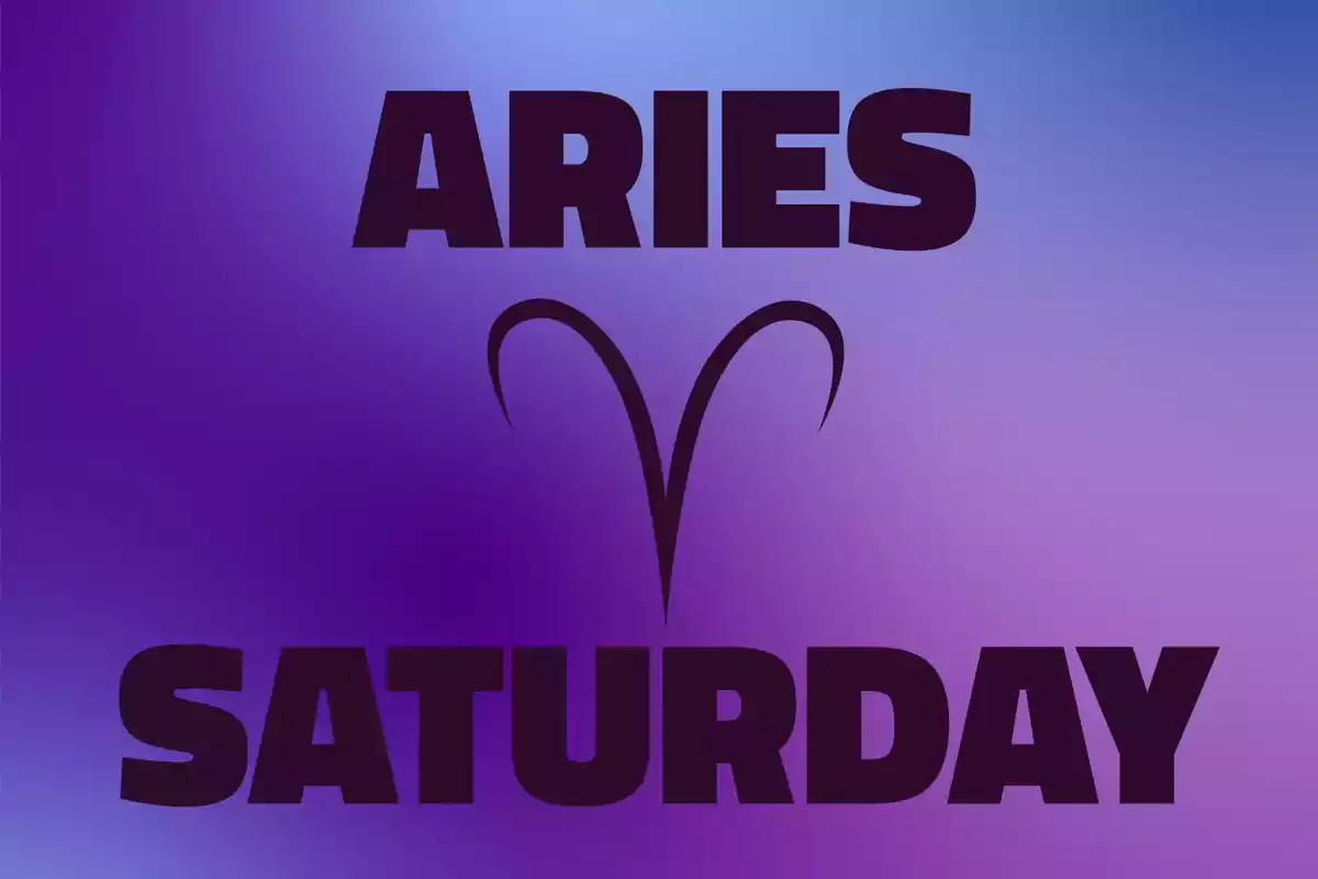Gradient background in shades of purple with the word ARIES at the top, the sign’s symbol in the center, and the word SATURDAY at the bottom