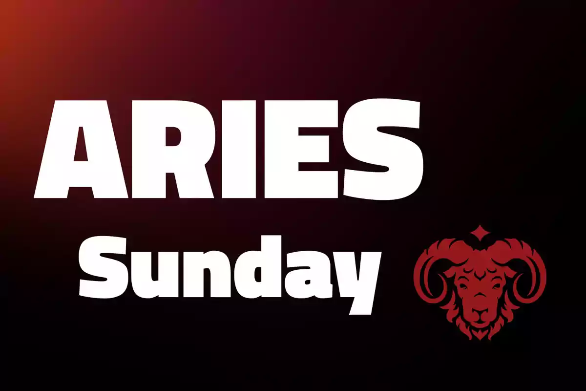 Large text that says Aries Sunday with a dark background and an illustration of a red ram’s head