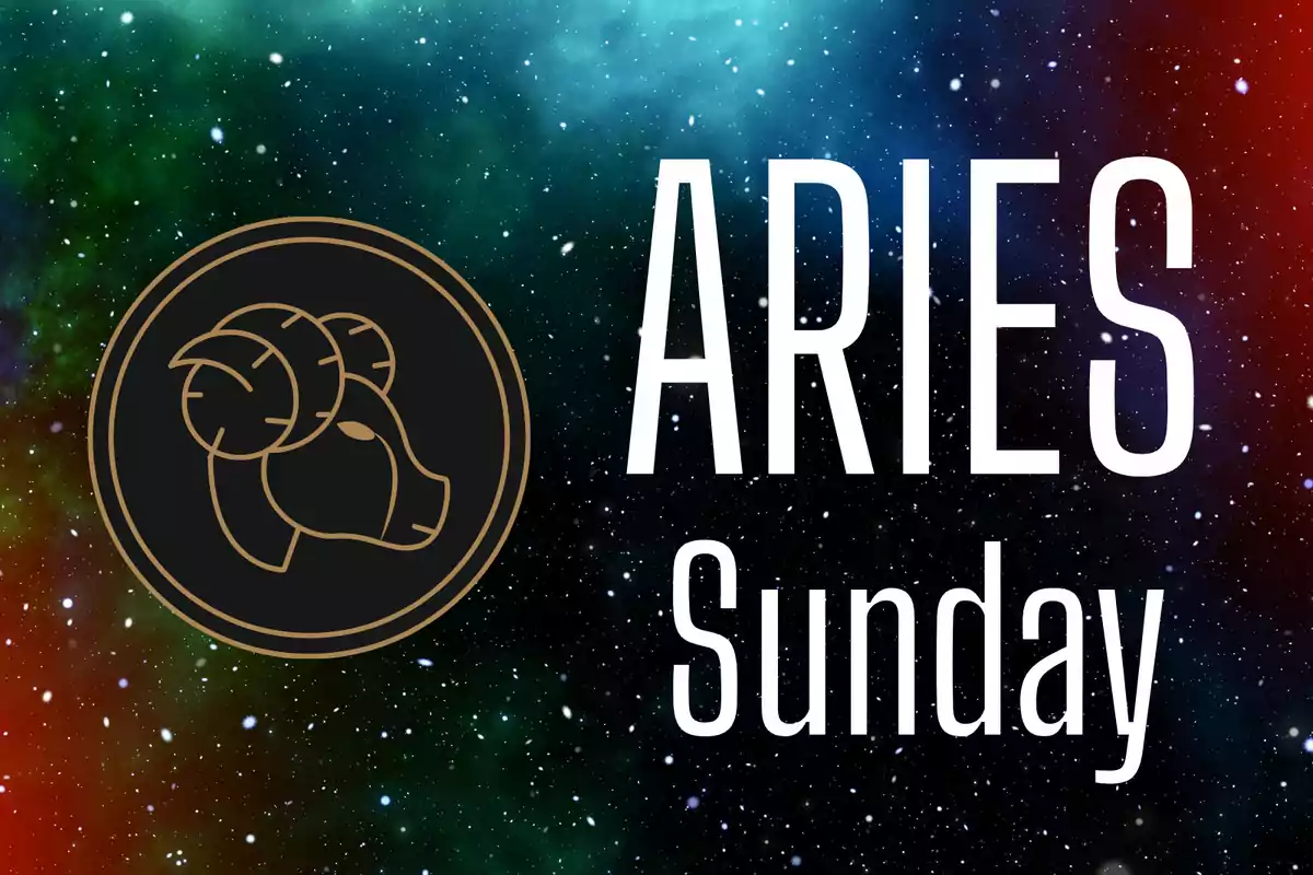 Image with a colorful galaxy background, a ram symbol, and the words Aries Sunday in large letters.