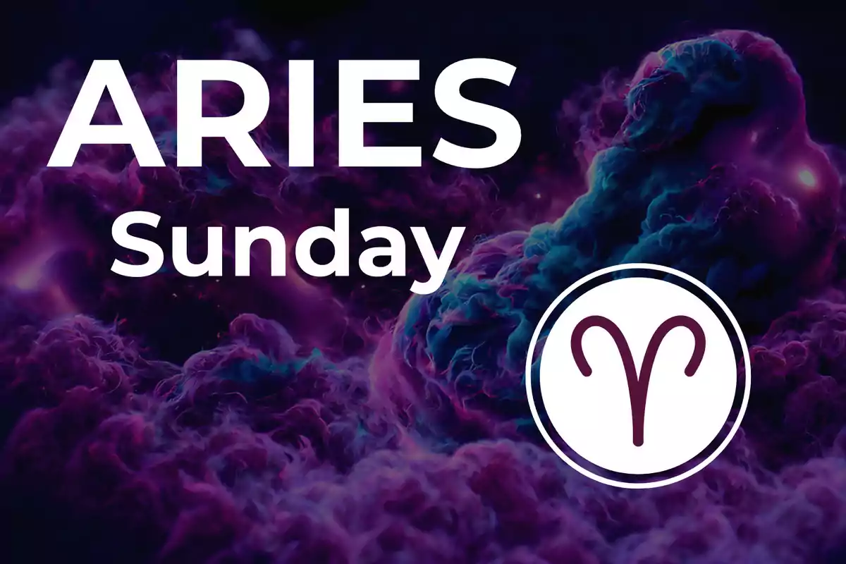 Image with a background of purple and blue clouds, large text that says ARIES Sunday, and the Aries sign symbol inside a white circle.