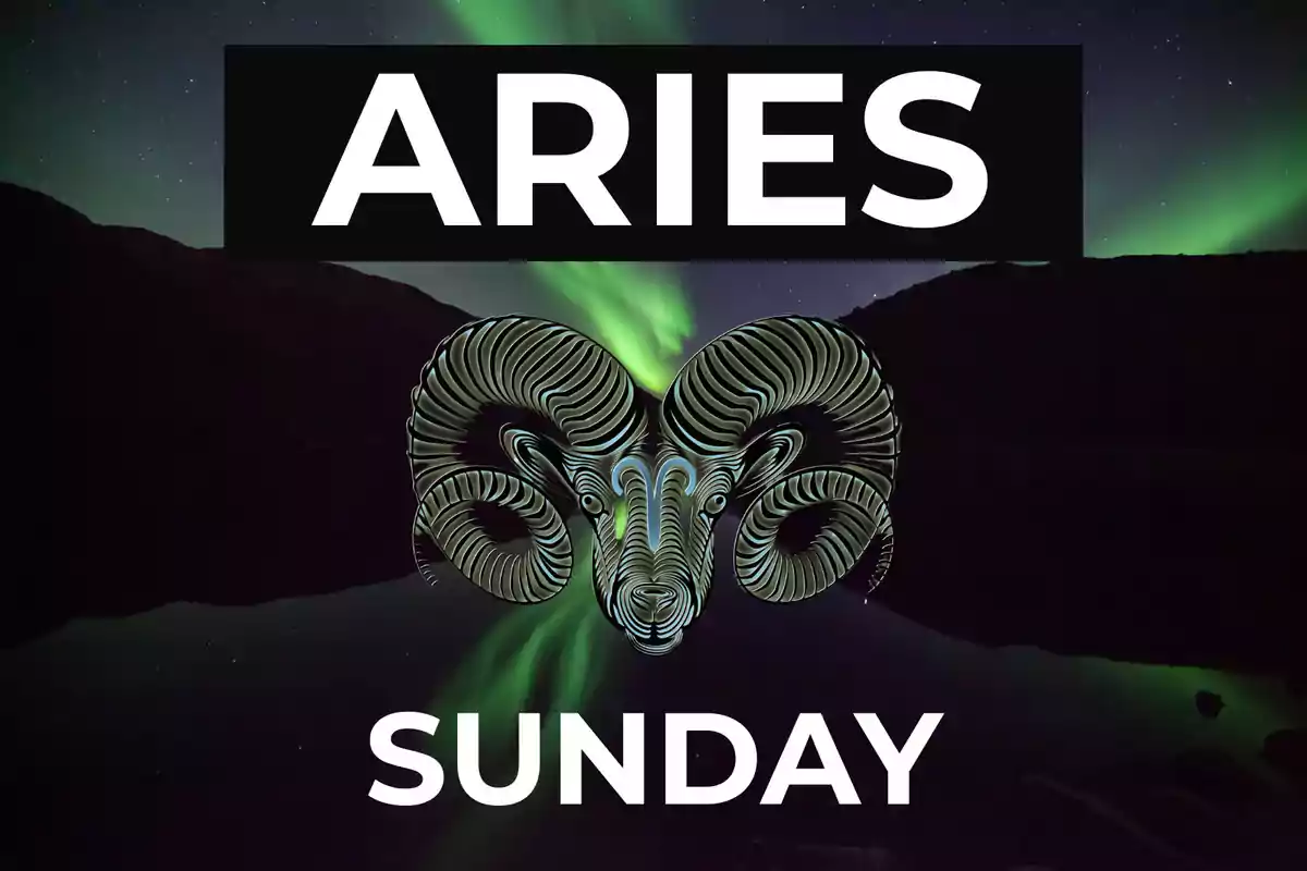 Image with the text Aries and Sunday, a stylized ram in the center, and northern lights in the background.
