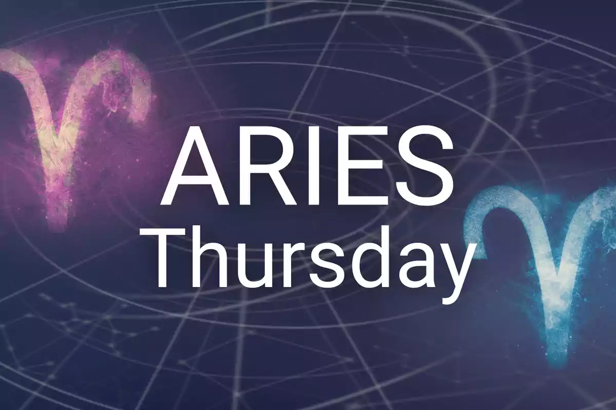 Aries sign with symbols in pink and blue and the word Thursday on a dark background with lines and constellations.