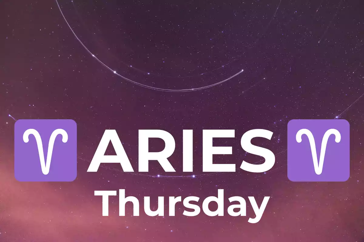 Starry sky background with the word Aries and the zodiac sign symbol in purple, accompanied by the text Thursday
