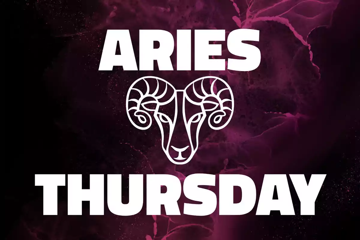 Dark background with the word Aries at the top, a drawing of a ram's head in the center, and the word Thursday at the bottom