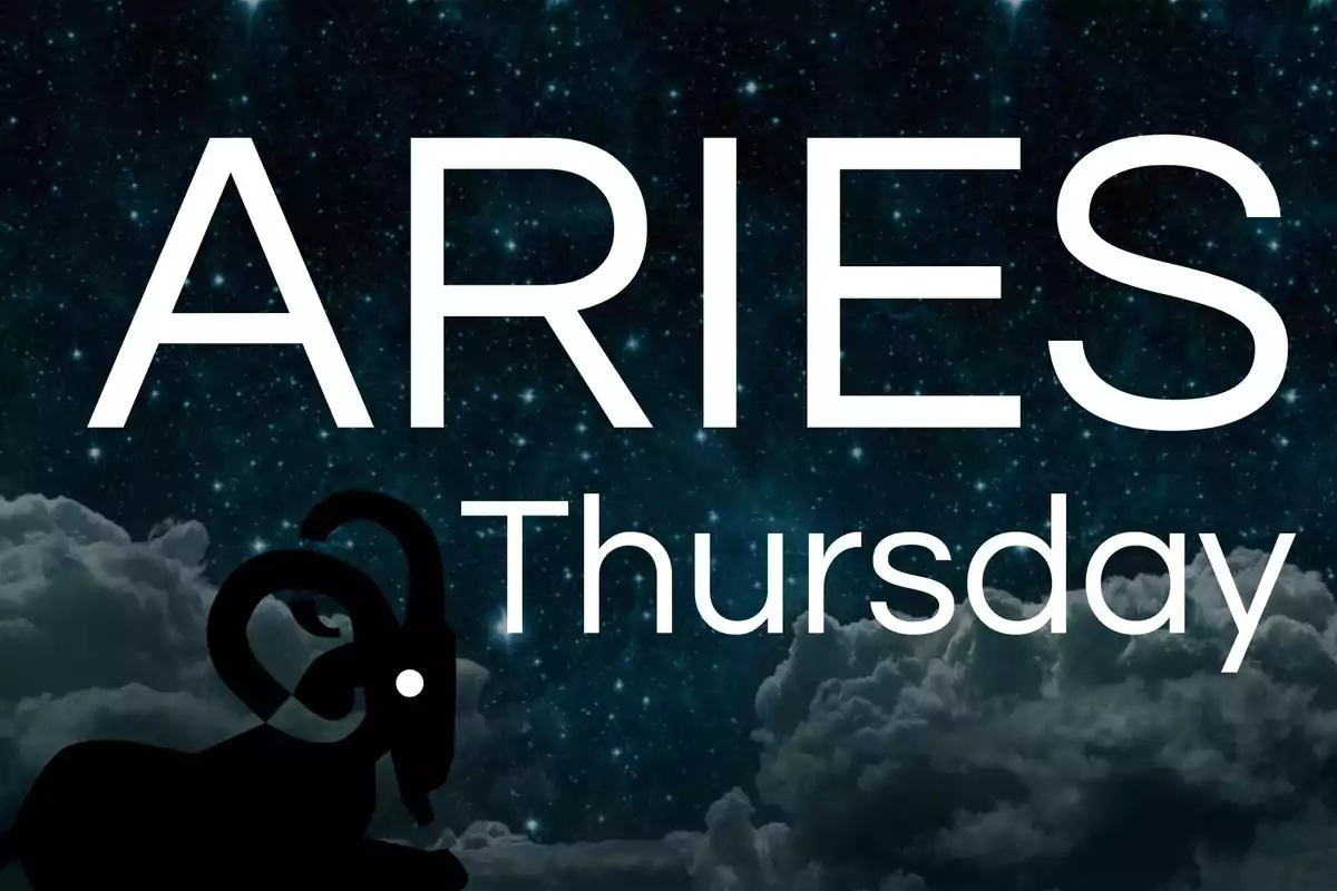 Starry background with clouds, the word ARIES in large letters, Thursday in smaller letters, and the silhouette of a ram in the bottom left corner