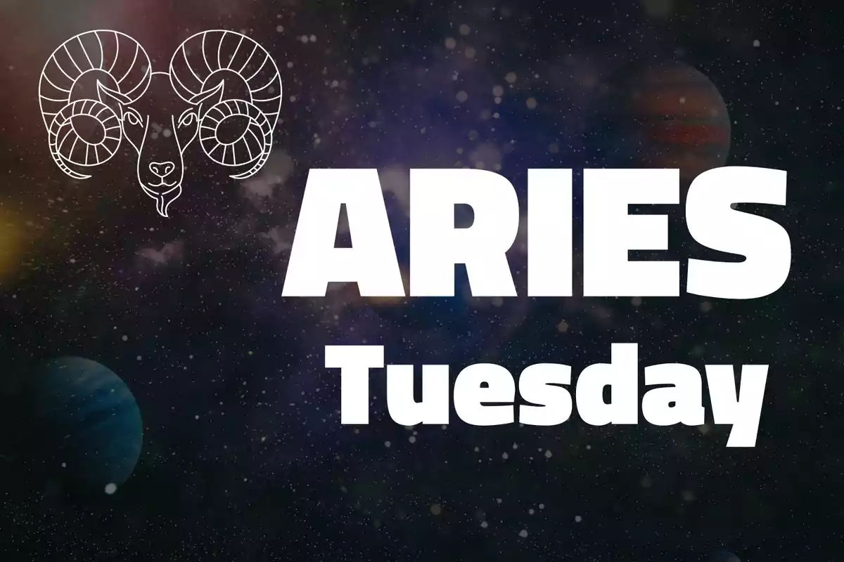 Image with a galaxy background, a drawing of a ram, and the words ARIES and Tuesday in large white letters
