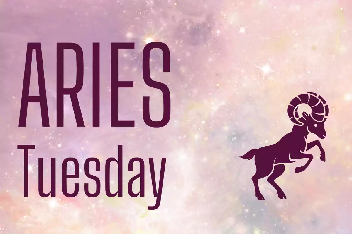 Image with a starry sky background in pink tones, large text that says ARIES Tuesday, and a ram silhouette on the right
