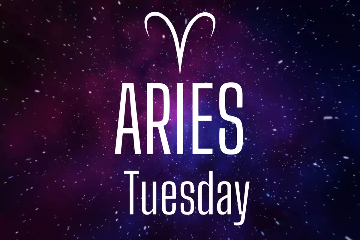 Starry background with the word Aries and Tuesday in large white letters next to the Aries zodiac sign symbol