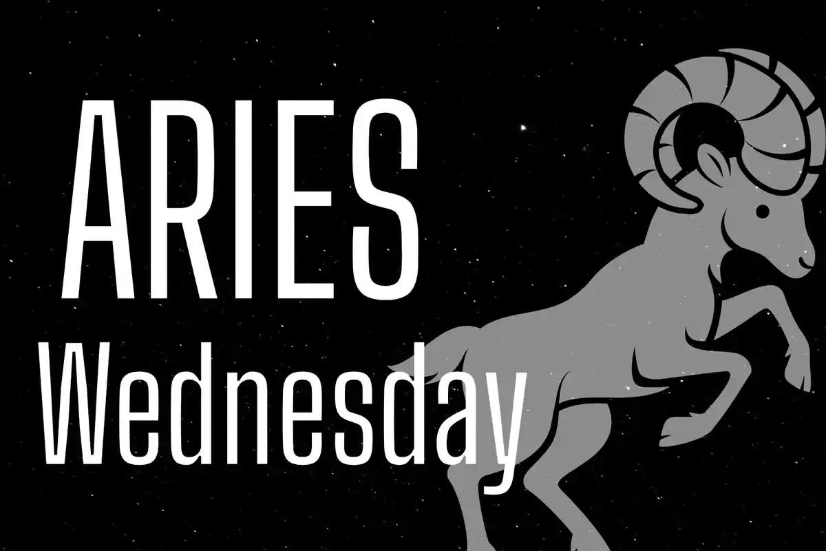 Starry background with the word Aries in large letters, Wednesday in smaller letters, and the silhouette of a ram on the right