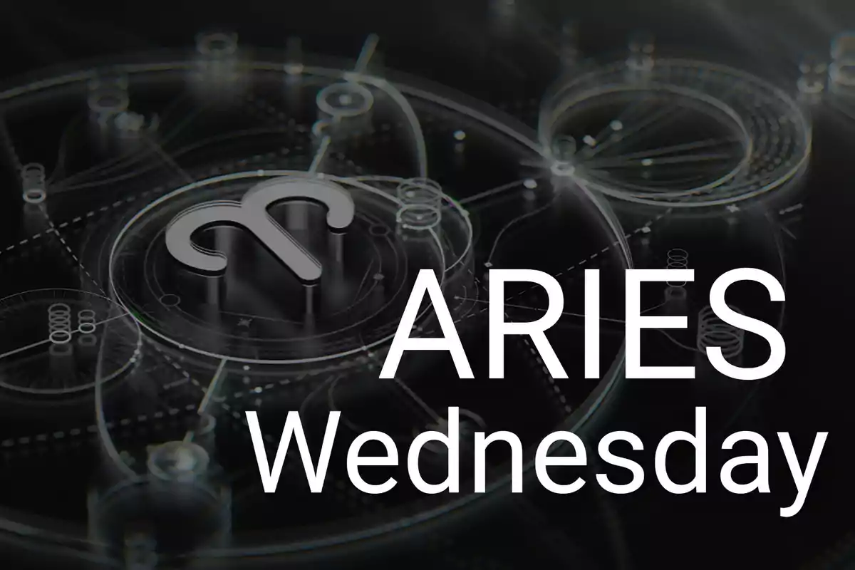 Aries symbol on a dark background with the words Aries and Wednesday in large white letters