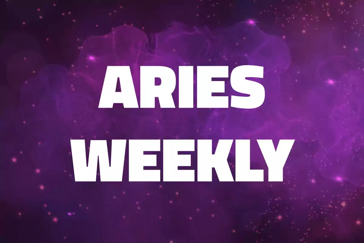 Aries Weekly text in white letters on a purple background with sparkles and abstract smoke