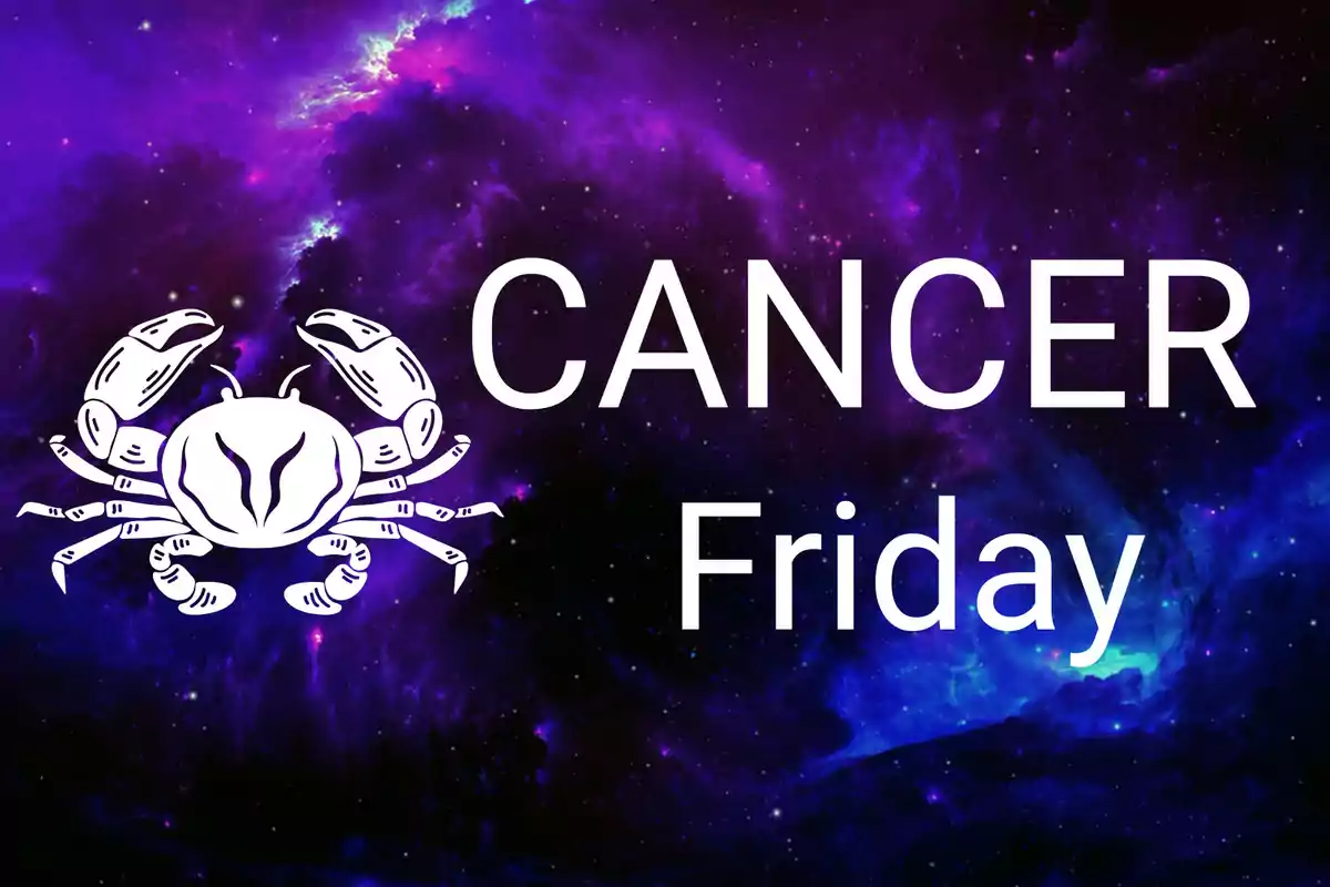 White crab next to the word Cancer and Friday on a purple and blue galaxy background