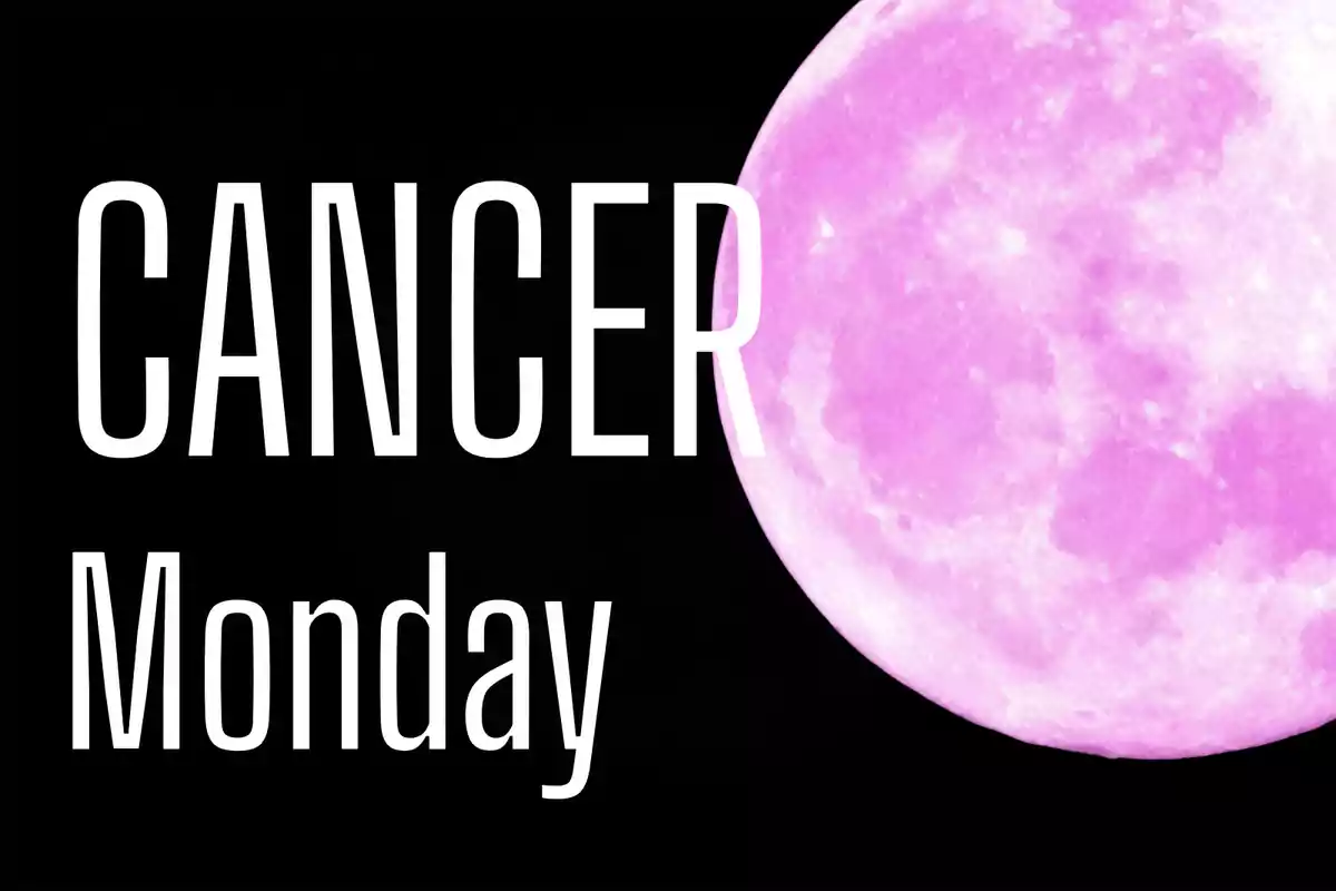 Text that says Cancer Monday next to a pink full moon on a black background