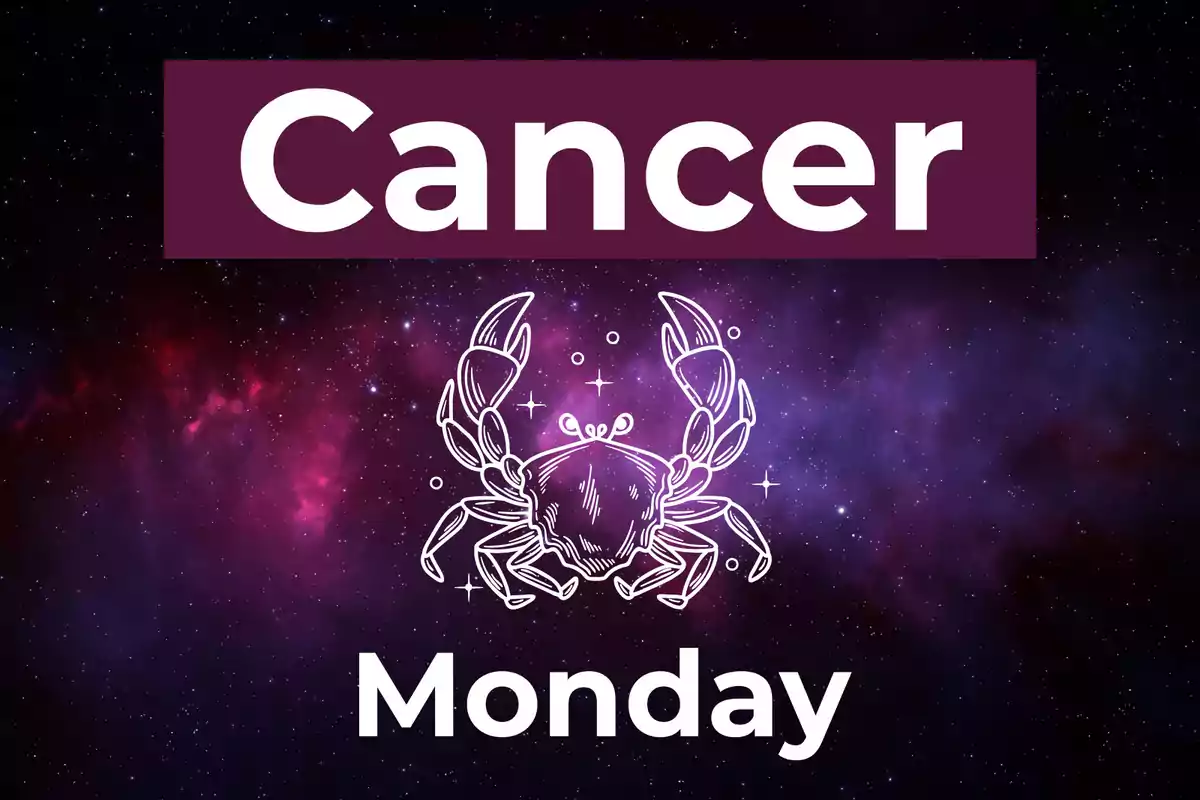 Image with a galaxy background, the word Cancer at the top, a drawing of a crab in the center, and the word Monday at the bottom.
