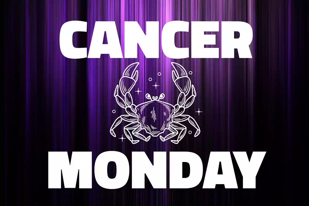 Purple background with vertical lines, a drawing of a crab in the center, and the words CANCER and MONDAY in large white letters