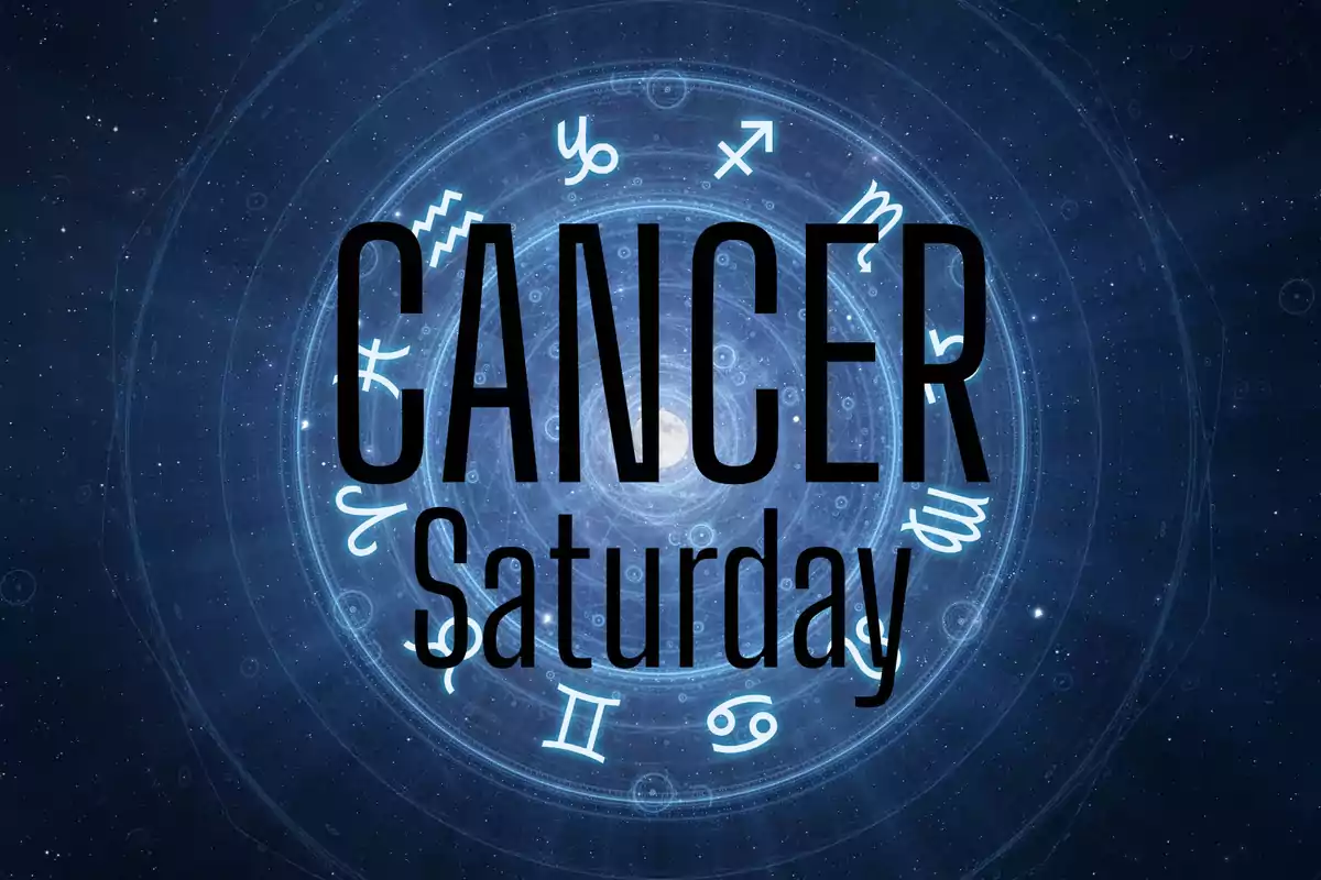 Dark blue background with zodiac symbols and the words Cancer Saturday in the center