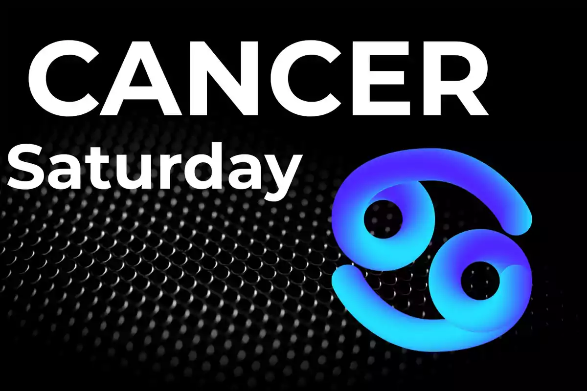 Image with the word Cancer, the day Saturday, and the Cancer zodiac sign symbol in blue and purple colors on a black background with a dotted pattern.