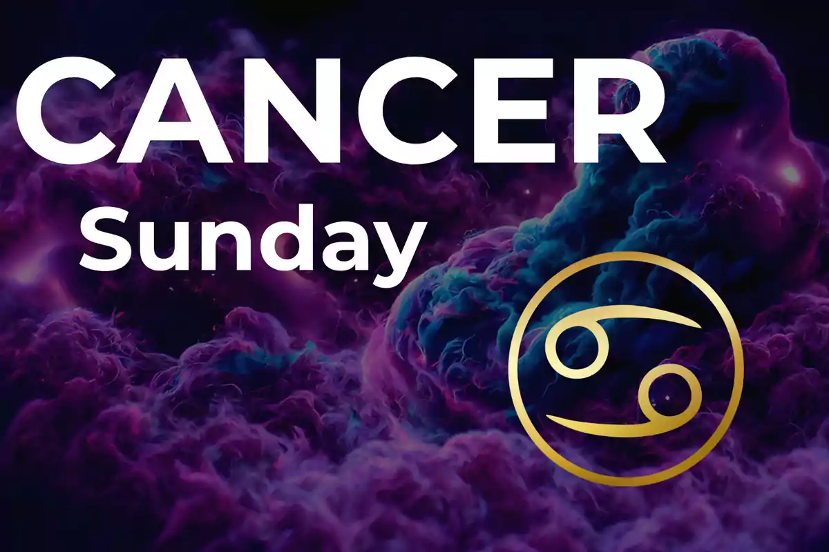 Image with the word Cancer in large letters, the word Sunday underneath, and the golden symbol of the Cancer zodiac sign on a background of purple and blue clouds.