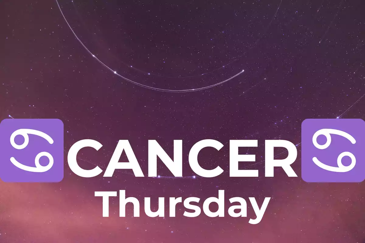 Starry sky background with the word Cancer and the zodiac sign symbol next to the text Thursday
