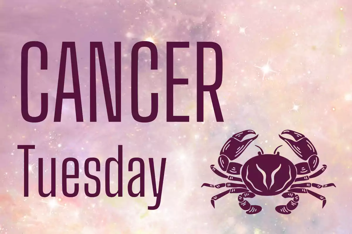 Image with a pastel-toned galaxy background featuring the word Cancer, the day Tuesday, and a drawing of a crab.