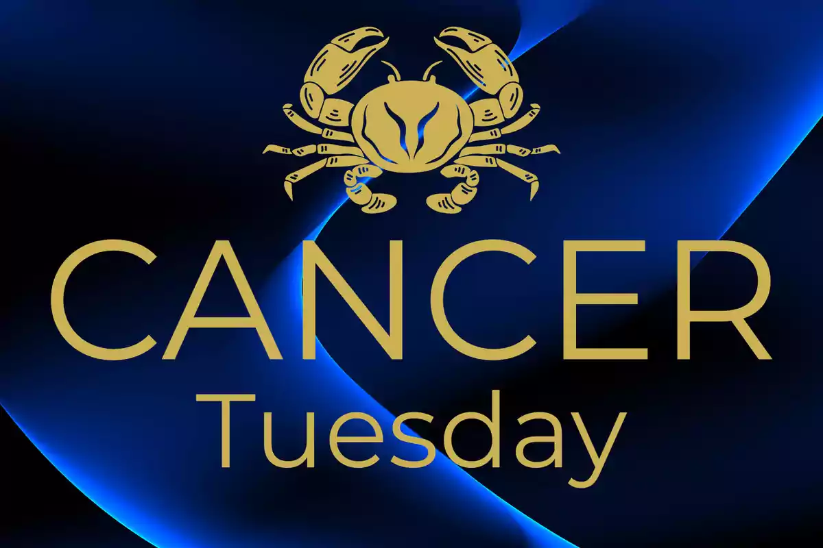 Golden crab on a blue background with the words Cancer and Tuesday in large letters