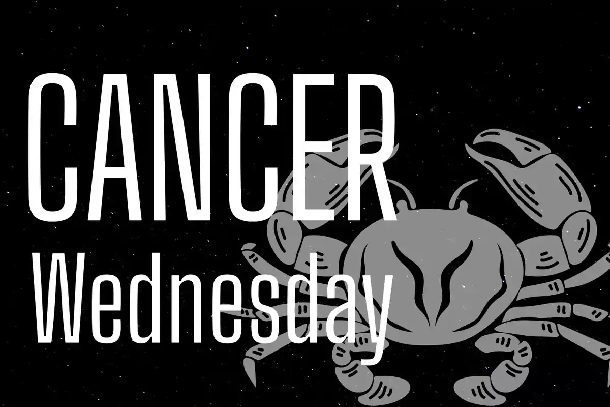 Image with a starry background, a drawing of a gray crab, and the words Cancer and Wednesday in large white letters
