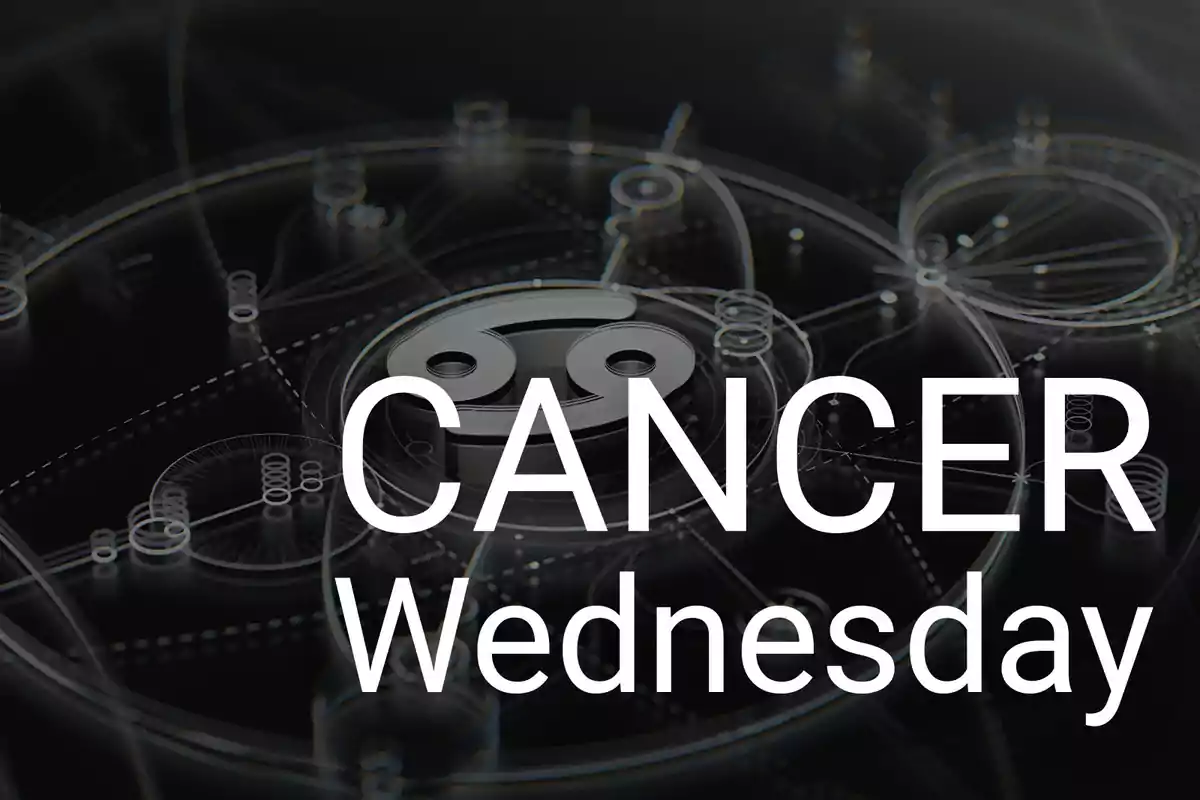 Zodiac sign Cancer symbol with the words Cancer Wednesday on a dark background with geometric patterns.