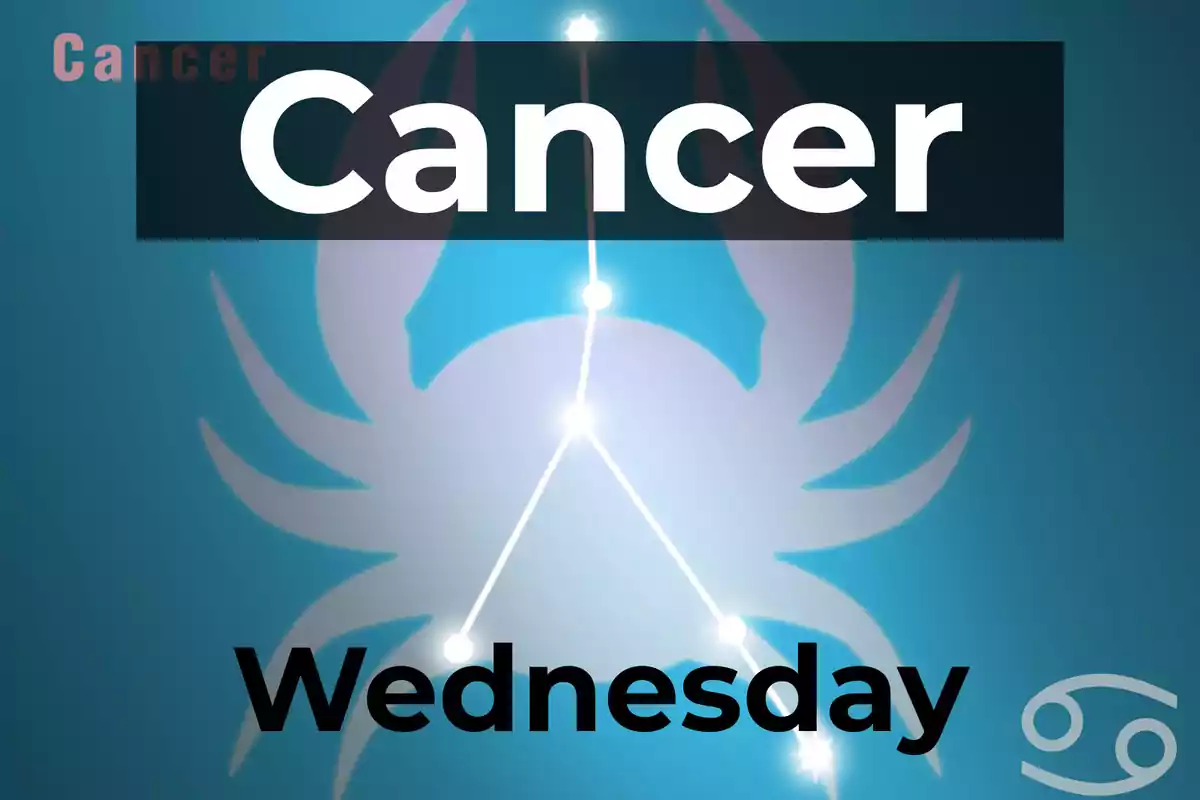 Image with a blue background showing the word Cancer in large letters, the word Wednesday at the bottom, the silhouette of a crab, and the Cancer zodiac symbol.