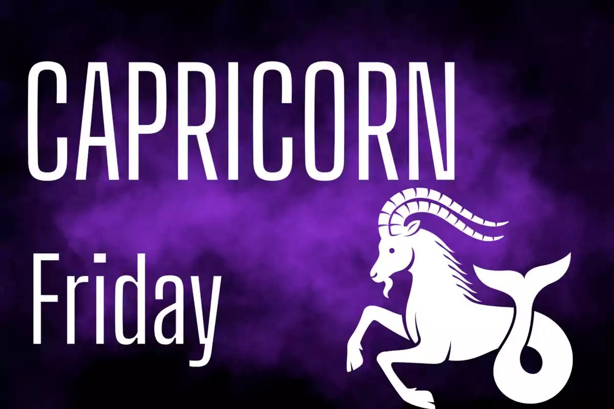 Purple background with the word Capricorn and Friday next to the white silhouette of a goat with a fish tail