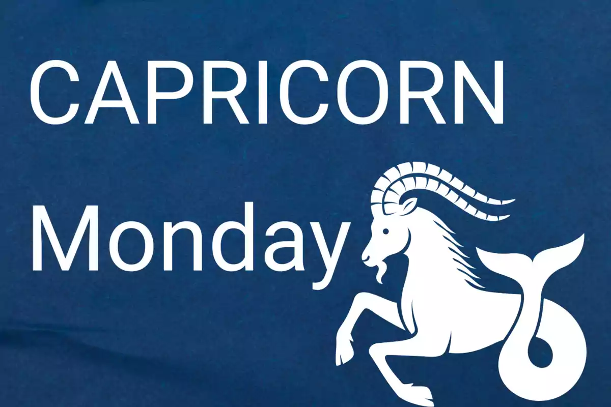 Capricorn Monday text next to the illustration of a sea goat on a blue background