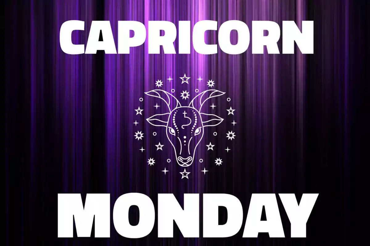 Purple background with vertical lines, the word Capricorn at the top, a drawing of a goat surrounded by stars in the center, and the word Monday at the bottom