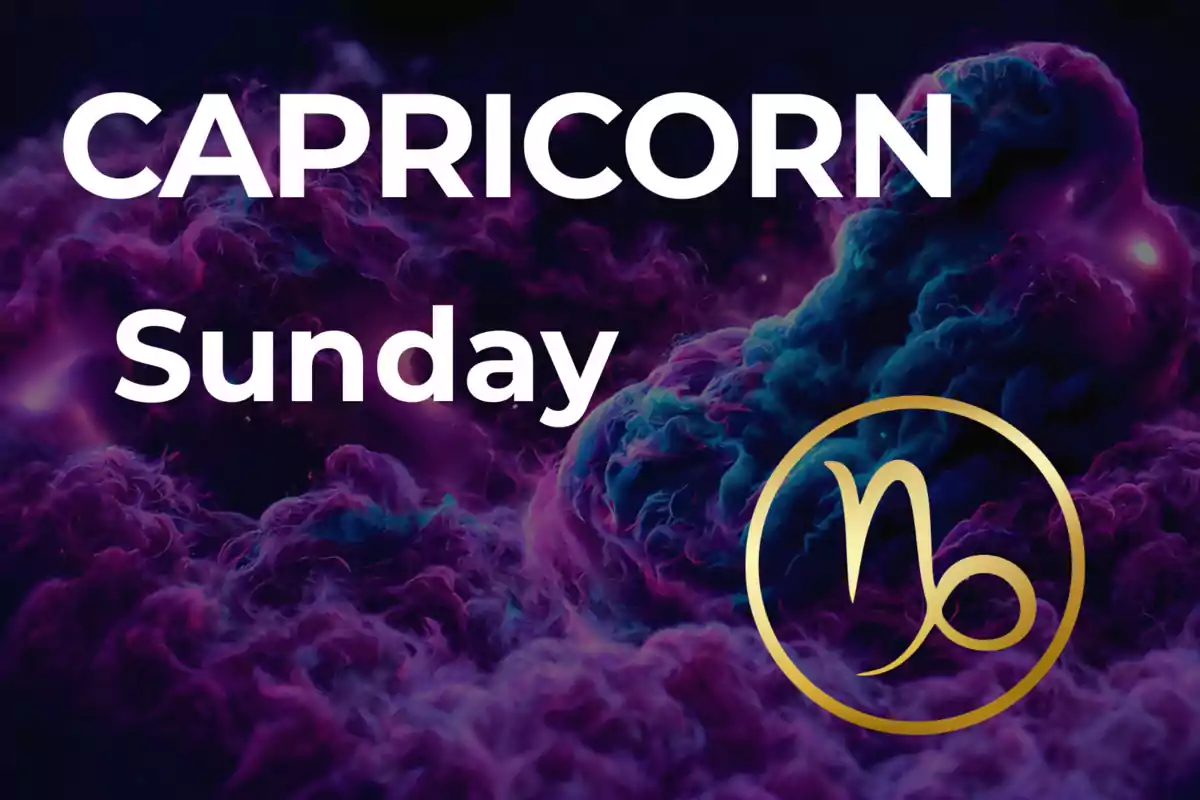 Image with a background of purple and blue clouds, large text that says Capricorn Sunday, and a gold Capricorn symbol in the bottom right corner