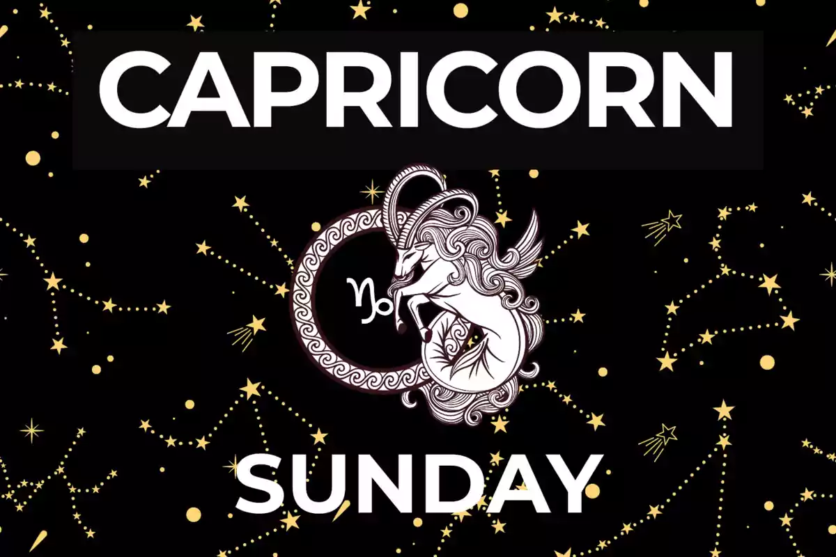 Image with the word "Capricorn" at the top, a drawing of a goat with a fish tail in the center, and the word "Sunday" at the bottom, set against a background of constellations and golden stars.