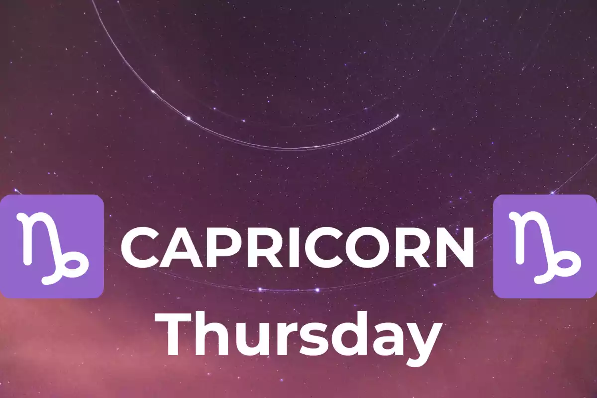Starry sky background with the text "Capricorn Thursday" and two purple Capricorn symbols on each side
