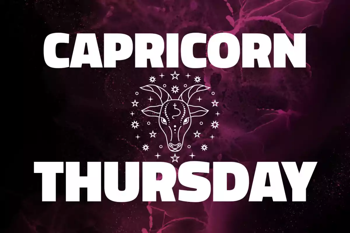 Image with a purple background showing the word "Capricorn" at the top, a drawing of a goat in the center, and the word "Thursday" at the bottom