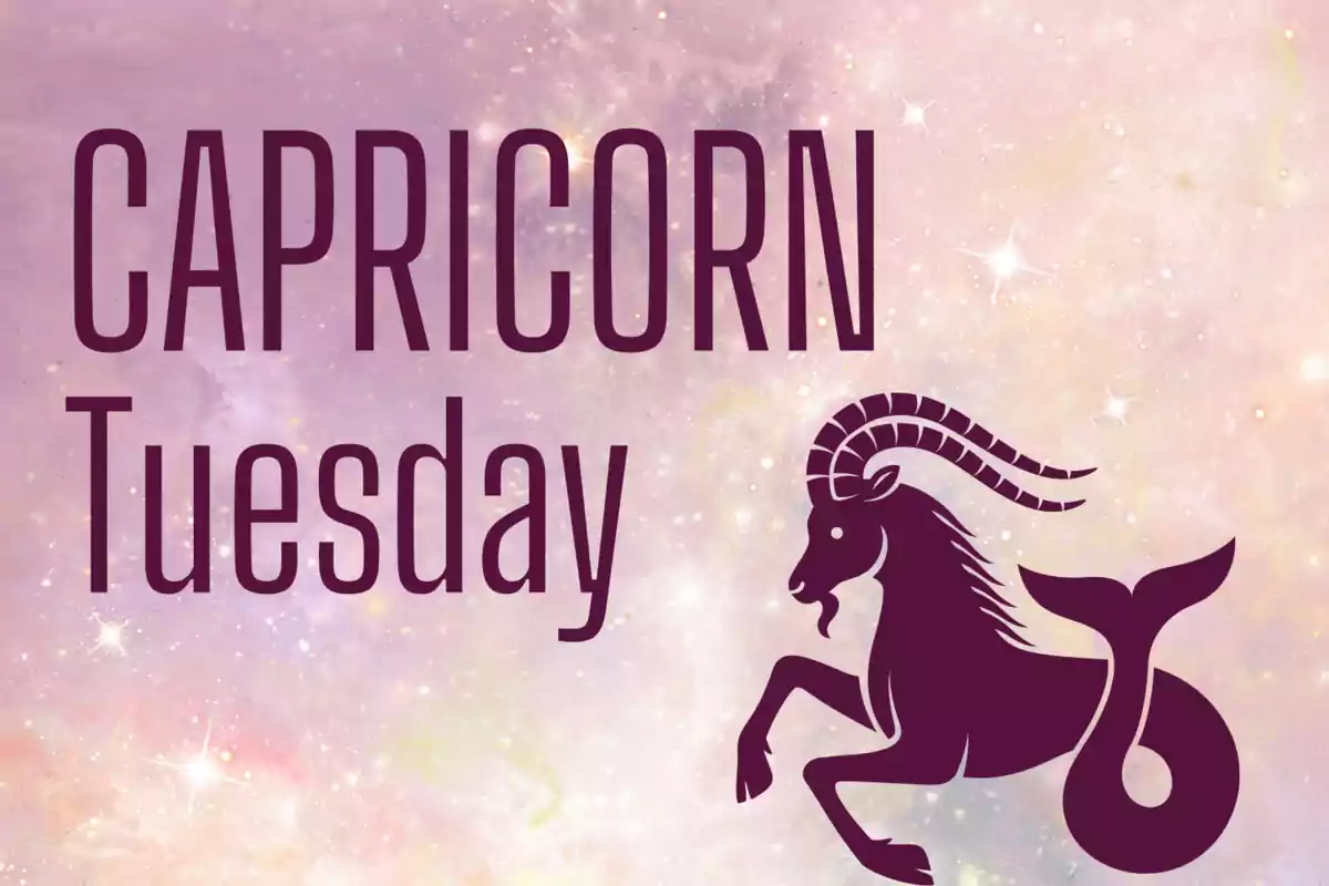 Image with a starry background and pastel tones, text that says Capricorn Tuesday, and a stylized sea goat figure.