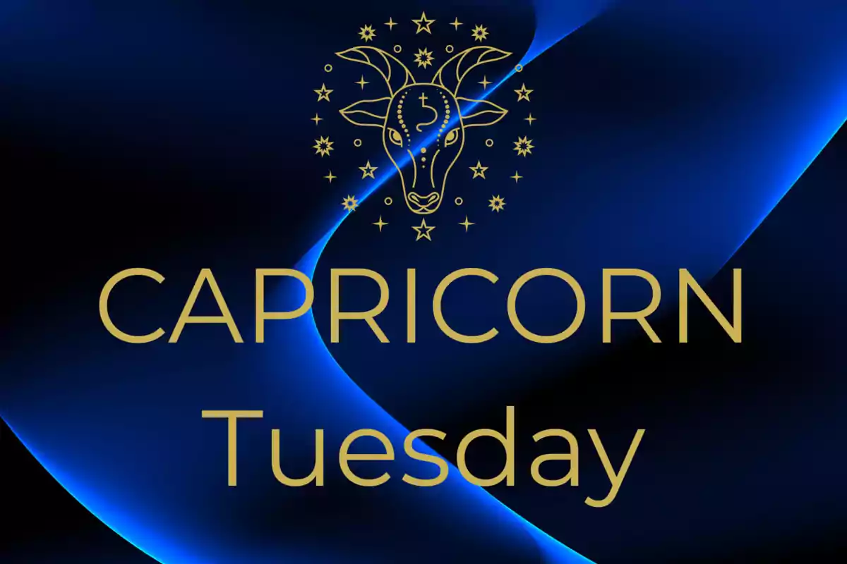 Blue background with curved lines and the text "Capricorn Tuesday" in gold letters next to a stylized goat drawing surrounded by stars