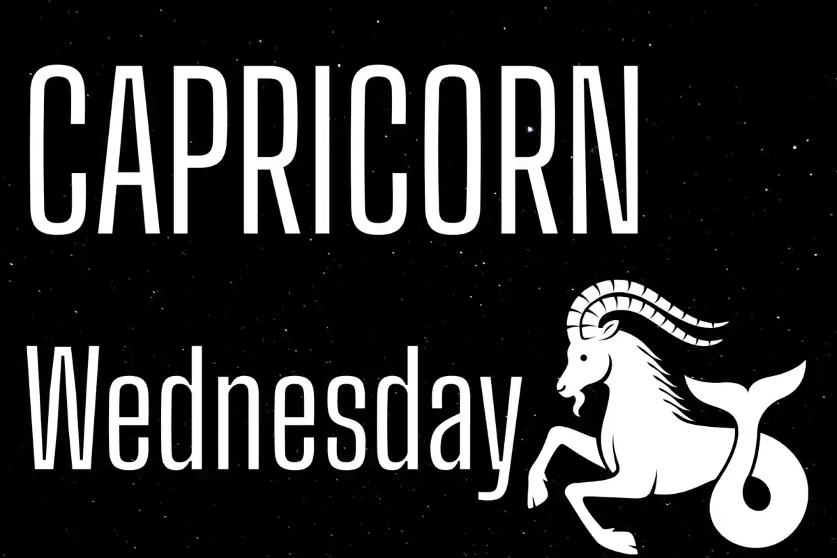 Black background with stars, text Capricorn Wednesday, and a white Capricorn symbol