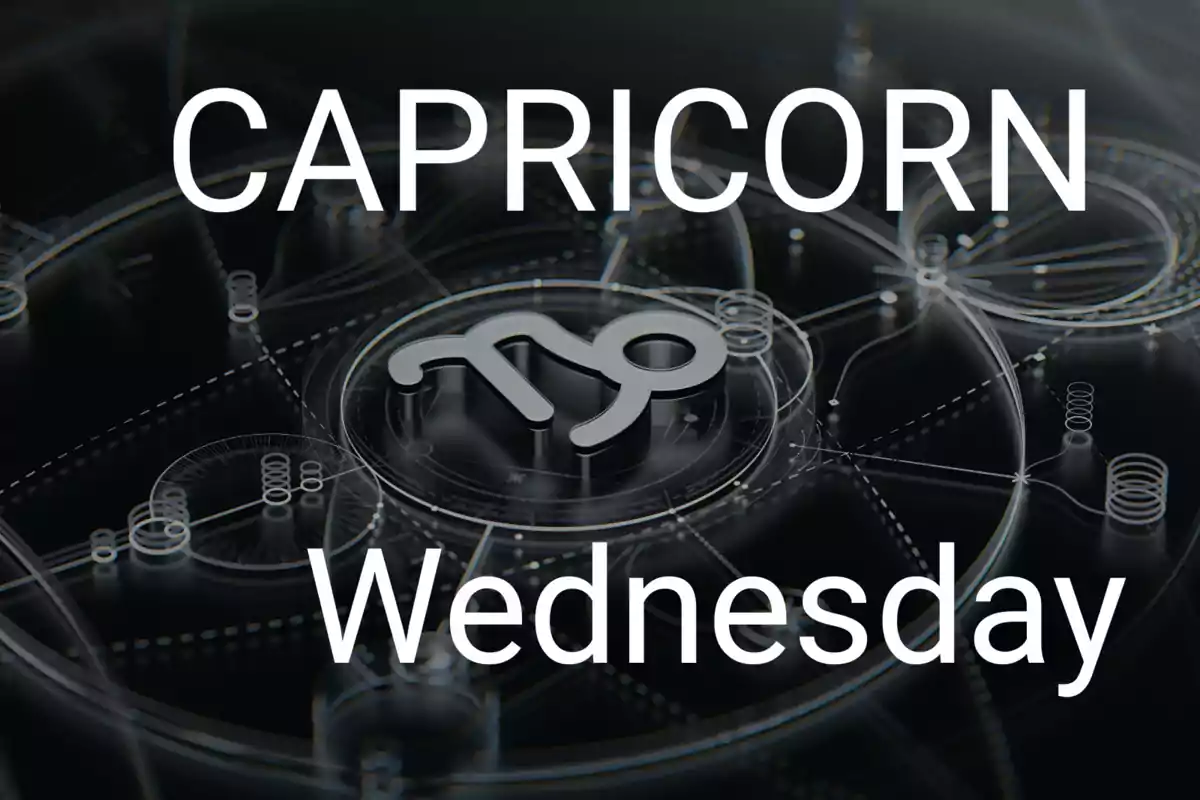 Image with the Capricorn symbol in the center and the words Capricorn and Wednesday on a dark background with geometric patterns.