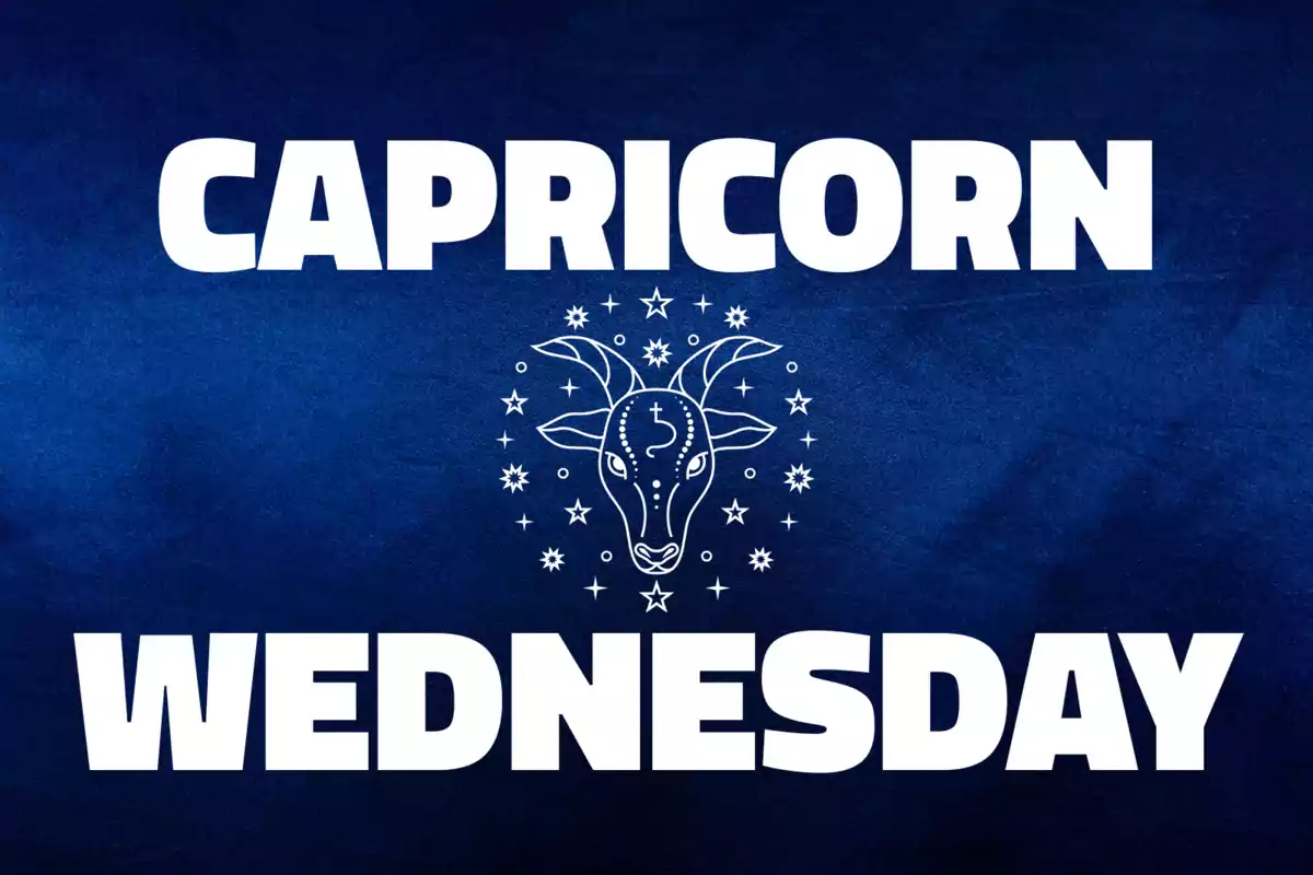 Blue background with the word Capricorn at the top, a drawing of a goat surrounded by stars in the center, and the word Wednesday at the bottom