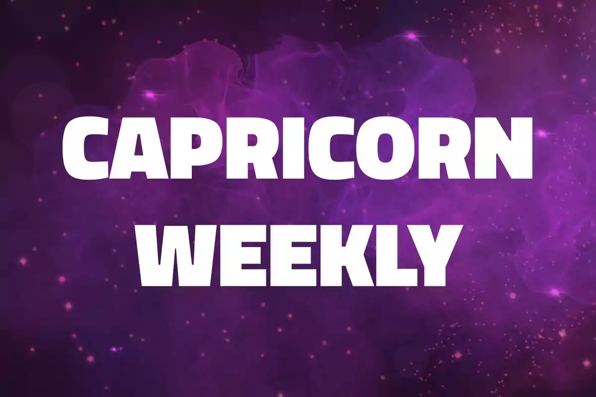 Capricorn Weekly text in white letters on a purple background with sparkles and smoke effects