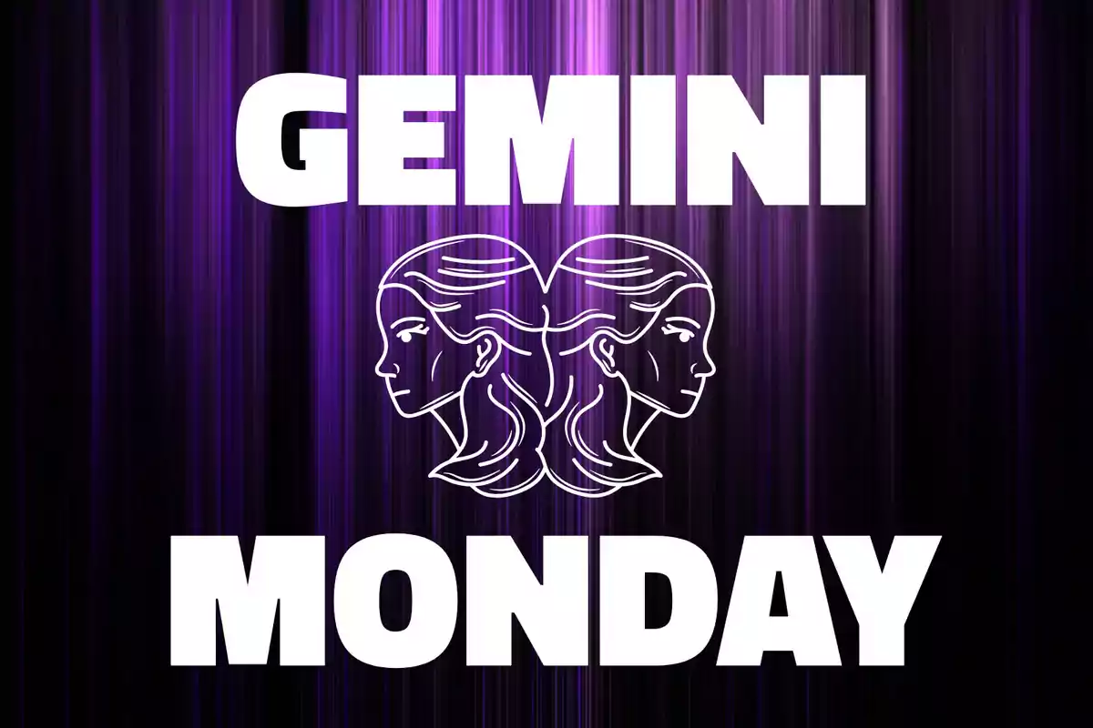 Purple background with vertical lines, the word GEMINI at the top, a drawing of two twin faces in the center, and the word MONDAY at the bottom