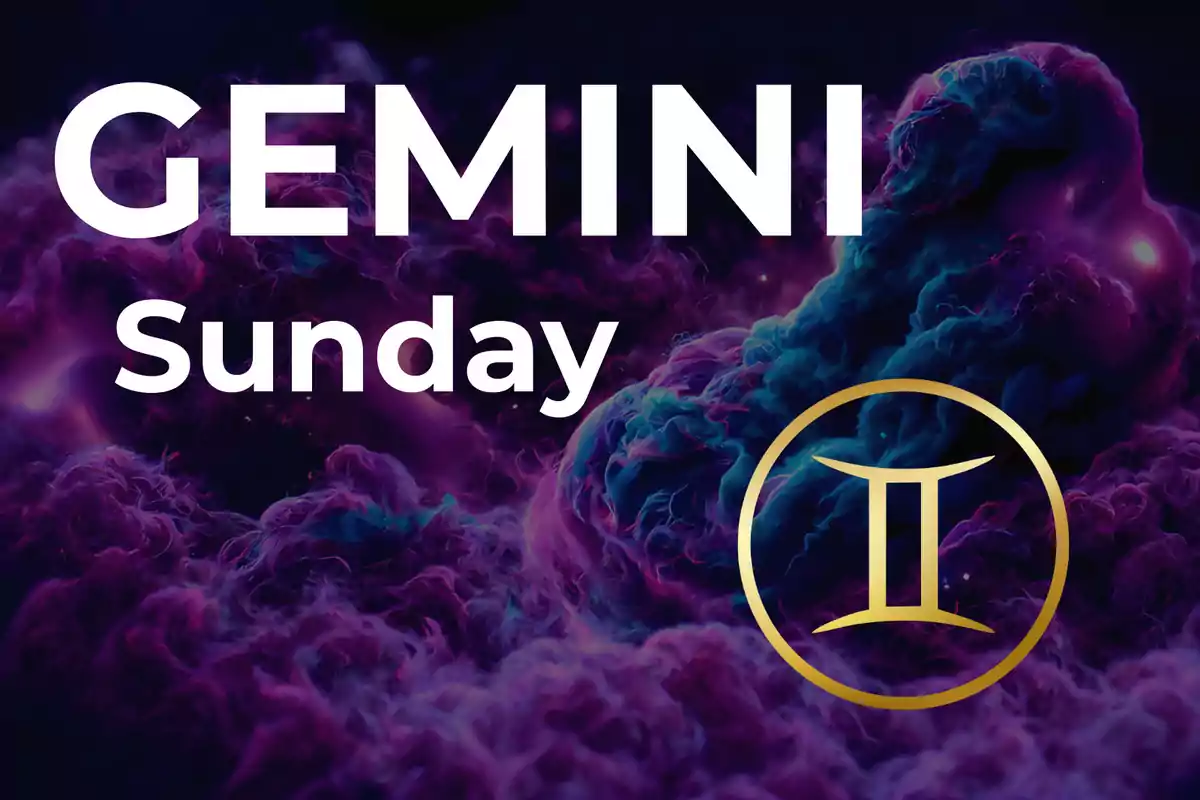 Image with a background of purple and blue clouds, large text that says GEMINI Sunday, and the golden Gemini symbol in the bottom right corner