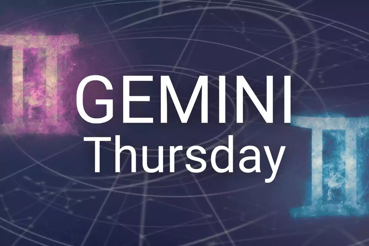 Image with the Gemini symbol in pink and blue colors, accompanied by the text GEMINI Thursday on a dark background with lines and constellations.